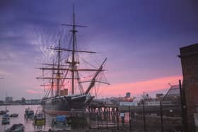 HMS Warrior 1860 at dusk at Portsmouth Historic Dockyard. Credit: C Stephens
