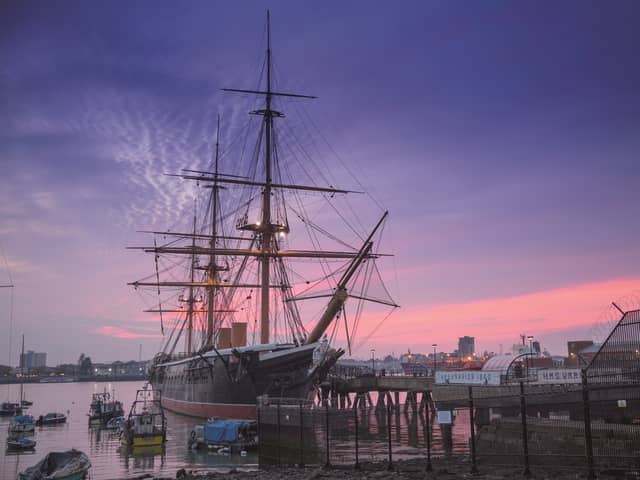 HMS Warrior 1860 at dusk at Portsmouth Historic Dockyard. Credit: C Stephens