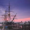HMS Warrior 1860 at dusk at Portsmouth Historic Dockyard. Credit: C Stephens