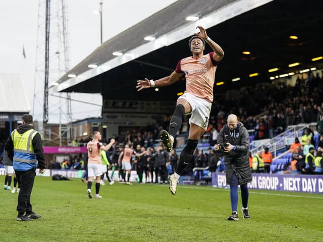 Pompey striker Kusini Yengi celebrates the win over Peterborough. Pic: Jason Brown/ProSportsImages