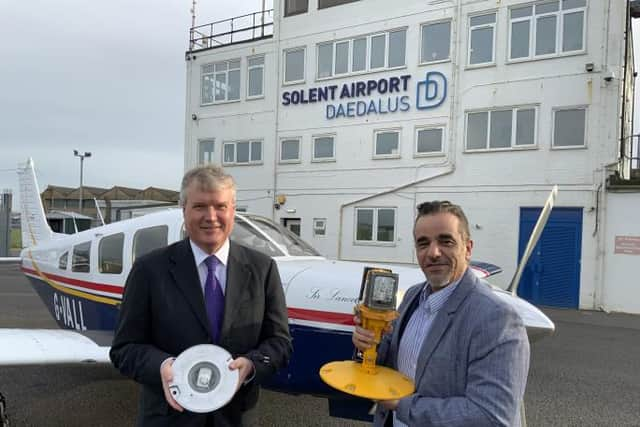 Solent Airport Daedalus is getting a ground-lighting upgrade in hopes of transforming the airfield. Pictured is Councillor Seán Woodward, Executive Leader of Fareham Borough Council, and Euro Flight Training Owner, Valentino Kadirzade.