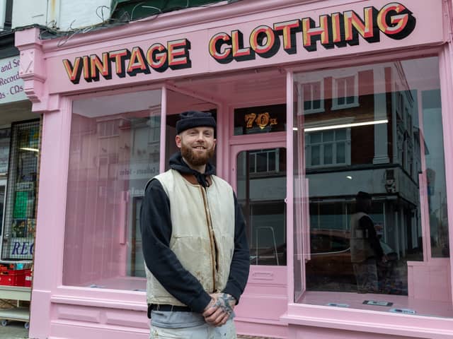Merlin Pitt (37) getting ready to launch his new vintage clothing shop on Albert Road. Picture: Mike Cooter (160324)