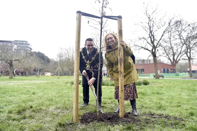 The Lord Mayor of Portsmouth Tom Coles opened the new community hub planted a commemorative tree for the late queen at Victoria Park in Portsmouth on Monday, March 18, 2024.

Pictured is: The Lord Mayor of Portsmouth Tom Coles and cllr. Suzy Horton, deputy leader of Portmouth City Council.

Picture: Sarah Standing 