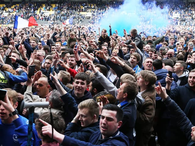 Pompey fans are eyeing a final-day promotion part at Lincoln similar to scenes at Notts County in 2017. Pic:Bluepitch Media / Joe Pepler