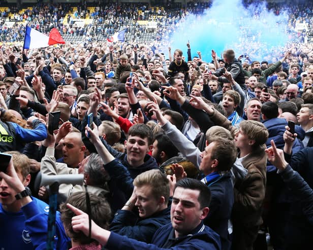 Pompey fans are eyeing a final-day promotion part at Lincoln similar to scenes at Notts County in 2017. Pic:Bluepitch Media / Joe Pepler