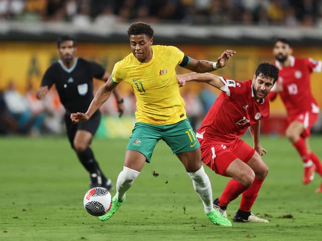 Pompey striker Kusini Yengi in action for Australia against Lebanon today. Pic: Getty