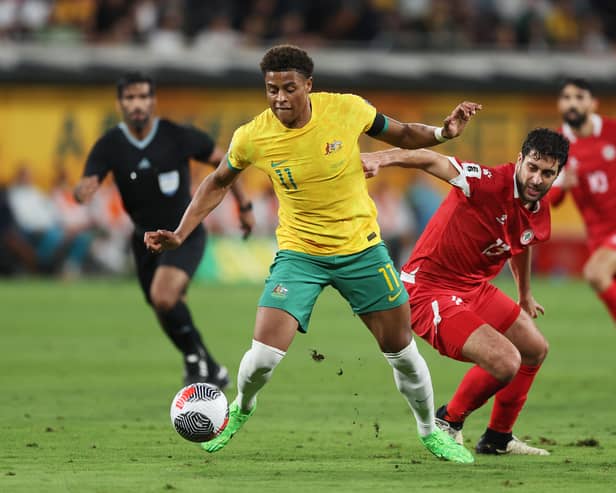 Pompey striker Kusini Yengi in action for Australia against Lebanon today. Pic: Getty