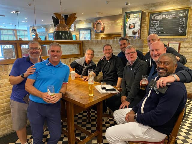 Pompey old-boys meeting up at Old Thorns for a game of golf. Mikey Turner, Paul Wood, Paul Walsh, Lee Bradbury, Simon Barnard, Andy Awford, Kev McCormack, Neil Sillett and Mark Chamberlain.
