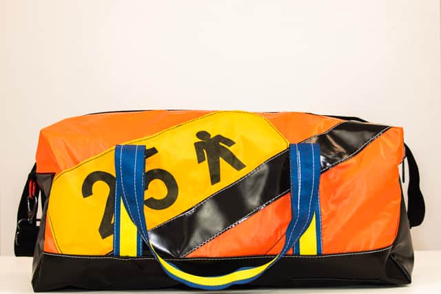 One of the canvas bags which has been made from recycled Royal Navy life rafts. Picture: MoD