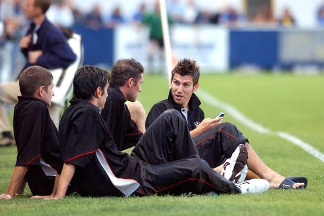 Mark Birchill, right, with former Pompey team-mates Carl Robinson, Richard Hughes and Lee Bradbury