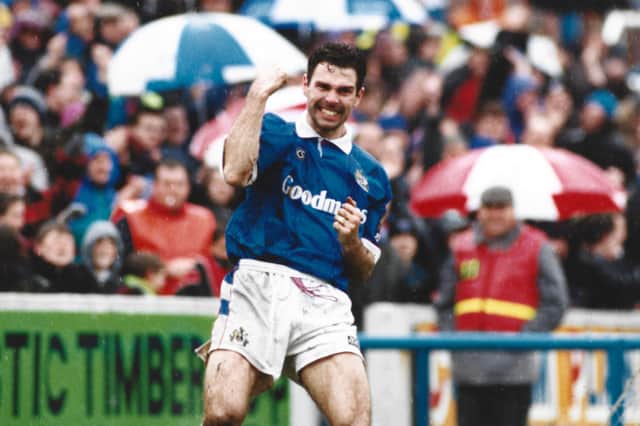 Paul Wood celebrates scoring in a 2-1 win at Barnsley in April 1994.
