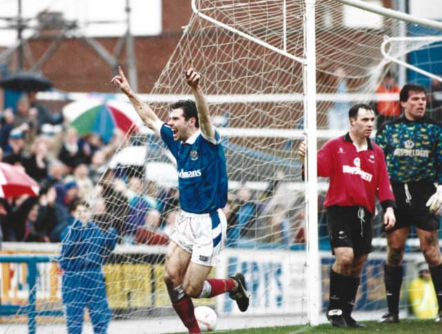 Paul Wood celebrating scoring against Barnsley in April 1994.