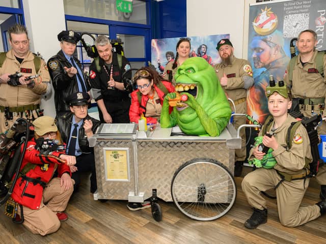 Pictured is: The Ghostbusters in the foyer of the Odeon cinema, Port Solent.
