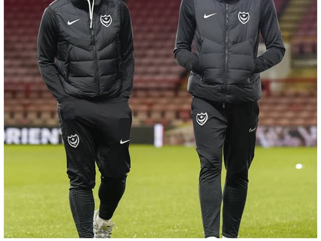 Pompey strikers Christian Saydee, left, and Kusini Yengi, right. Pic: Jason Brown