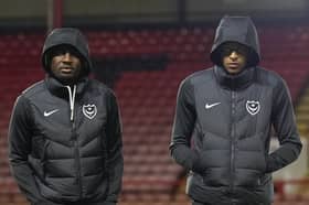 Pompey strikers Christian Saydee, left, and Kusini Yengi, right. Pic: Jason Brown
