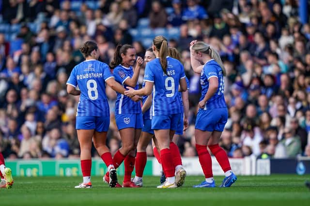 Pompey's players celebrate Leeta Rutherford putting them 2-0 up against Rugby United. Picture: Jason Brown/ProSportsImage