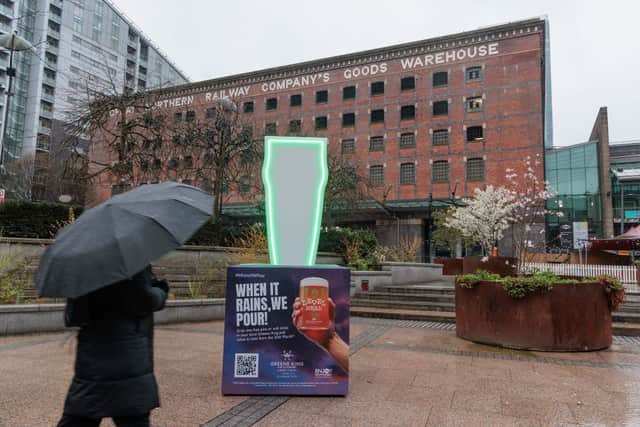 The first drop of rain has landed in Manchester today, the UK’s rainiest city as named by Brits, triggering Greene King’s biggest ever giveaway of 100,000 free pints nationwide.
Picture credit: Greene King