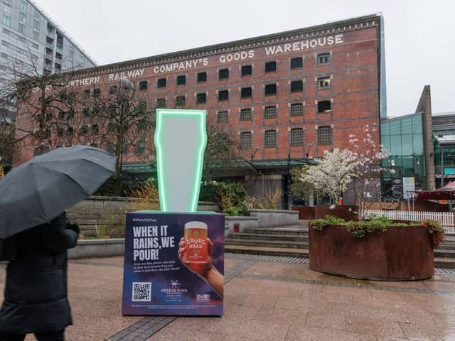The first drop of rain has landed in Manchester today, the UK’s rainiest city as named by Brits, triggering Greene King’s biggest ever giveaway of 100,000 free pints nationwide. 
Picture credit: Greene King 