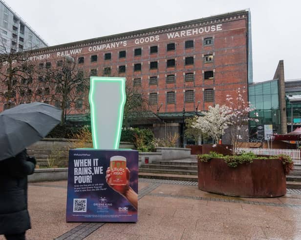 The first drop of rain has landed in Manchester today, the UK’s rainiest city as named by Brits, triggering Greene King’s biggest ever giveaway of 100,000 free pints nationwide. 
Picture credit: Greene King 