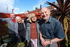 Laurie Blythe, of Fratton, on his 100th birthday. Mr Blythe is pictured with his neighbours, from left, Jim and Pauline Birchall, Gerry Southgate and Anita Stapleton.