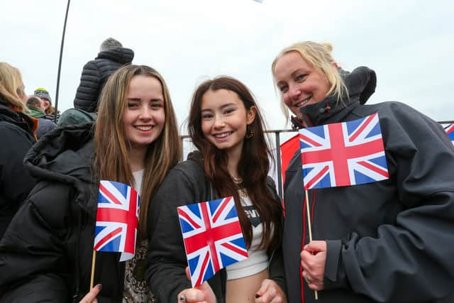 From left, Jess Lilly, Maddie Hancock, 16, and Clare Hancock at the top of  the Round Tower, Old Portsmouth. Picture: Chris Moorhouse (260324-02)