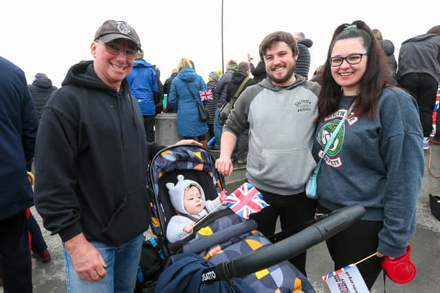 Ken Crosby, Theo, six months, Alex and Brooke at the top of The Round Tower in Old Portsmouth. Picture: Chris  Moorhouse (260324-06)