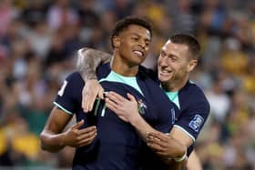 Pompey striker Kusini Yengi celebrates his maiden Australia goal against Lebanon. Pic: AFP via Getty Images