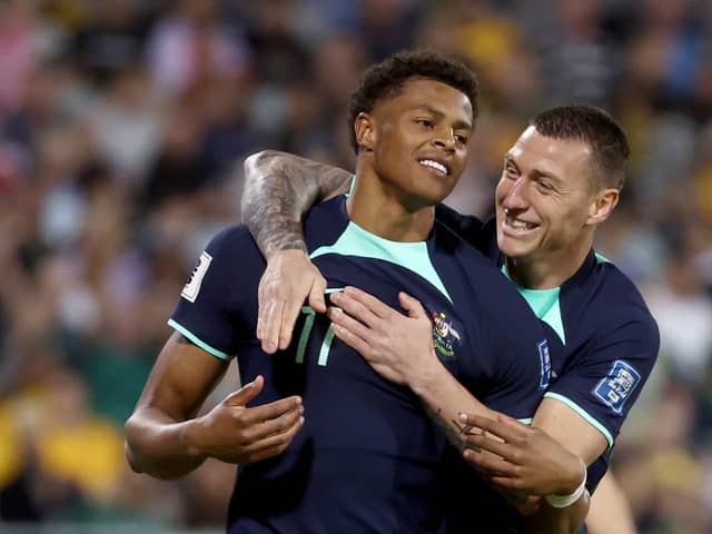 Pompey striker Kusini Yengi celebrates his maiden Australia goal against Lebanon. Pic: AFP via Getty Images