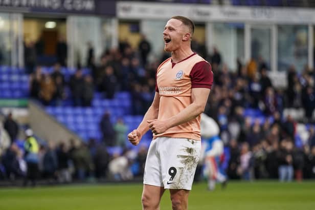 Colby Bishop, among £1.52m of talent bought by Pompey for the 12 months until June 30, 2023, celebrates victory over Peterborough. Picture: Jason Brown/ProSportsImages