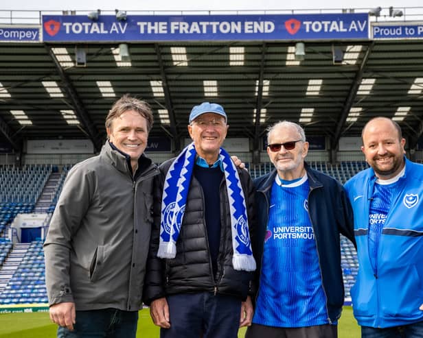 75 years on from attending Pompey v Derby as youngsters, brothers Colin and Alan Snook are back at Fratton Park with sons Martin and Stewart to watch this weeks Derby match (Photo by Alex Shute)