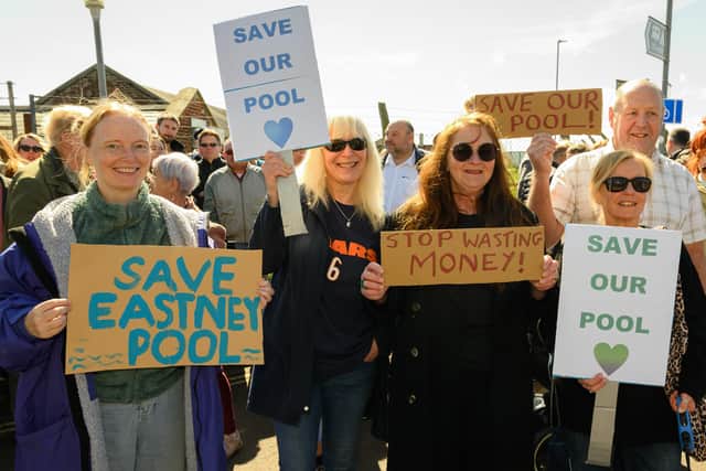 Paula Ann Savage (3rd right) and Kevin Gardner (5th Right) are joined by others who support their campaign to save Eastney swimming pool.