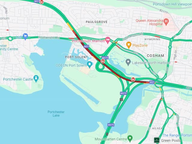 Google maps has reported that there has been a collision on the M27 between junction 12 and junction 11 westbound. 
Picture credit: Google maps 