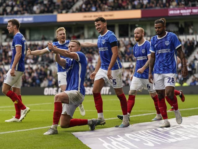 Pompey striker and Nottingham Forest fan, Colby Bishop, celebrates his goal at Derby County earlier in the season. Pic: Jason Brown/ProSportsImages