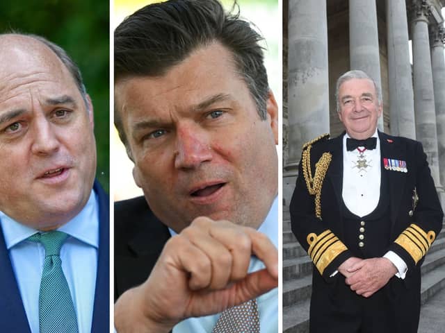 L to R: Former defence secretary Ben Wallace, former armed forces minister James Heappey and Lord West, former First Sea Lord. The Council on Geostrategy has launched a campaign to call on the UK government to increase defence spending amid ongoing conflict in the Red Sea, Russia-Ukraine and Gaza. Picture: Ian Forsyth/Finnbarr Webster/Getty Images/Sarah Standing.