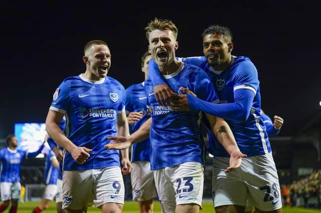 Owen Moxon celebrates his spectacular leveller in Pompey's 2-2 draw. Picture: Jason Brown/ProSportsImages