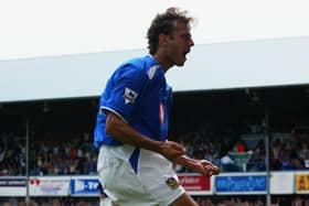 Pompey hero Patrik Berger, celebrating his debut goal against Aston Villa, has revealed the bizarre circumstances of his first pre-peason at Pompey. Pic: Getty