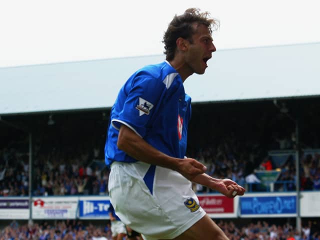 Pompey hero Patrik Berger, celebrating his debut goal against Aston Villa, has revealed the bizarre circumstances of his first pre-peason at Pompey. Pic: Getty