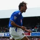Pompey hero Patrik Berger, celebrating his debut goal against Aston Villa, has revealed the bizarre circumstances of his first pre-peason at Pompey. Pic: Getty