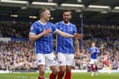 Colby Bishop celebrates his Pompey penalty against Shrewsbury today. Pic: Jason Brown/ProSportsImages
