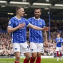 Colby Bishop celebrates his Pompey penalty against Shrewsbury today. Pic: Jason Brown/ProSportsImages