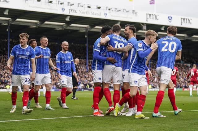Pompey are now just one win away from the Championship following Saturday's 3-1 success against Shrewsbury. Picture: Jason Brown/ProSportsImages