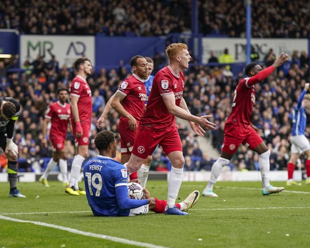 Pompey striker Kusini Yengi is adjudged to have been fouled for his side's first-half penalty against Shrewsbury at Fratton Park. Pic: Jason Brown/ProSportsImages