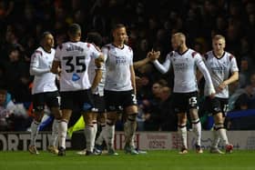 Joe Ward, second right, is congratulated after giving Derby the lead at Fratton Park last Tuesday night