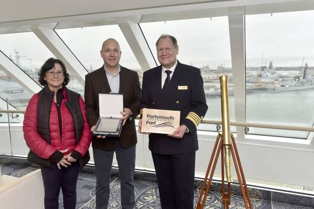 Viking Saturn cruise ship visited Portsmouth International Port on Thursday, April 11, 2024.Pictured is: (l-r) Vanessa Busfield (73) lead meet and greet ambassador at Shaping Portsmouth, Mike Sellers, port director at Portsmouth International Port, Anders Steen, master. Picture: Sarah Standing (110424-361)