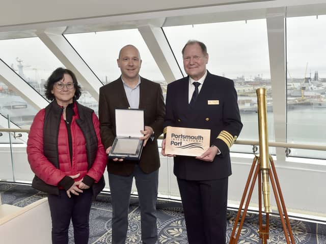 Viking Saturn cruise ship visited Portsmouth International Port on Thursday, April 11, 2024.Pictured is: (l-r) Vanessa Busfield (73) lead meet and greet ambassador at Shaping Portsmouth, Mike Sellers, port director at Portsmouth International Port, Anders Steen, master. Picture: Sarah Standing (110424-361)