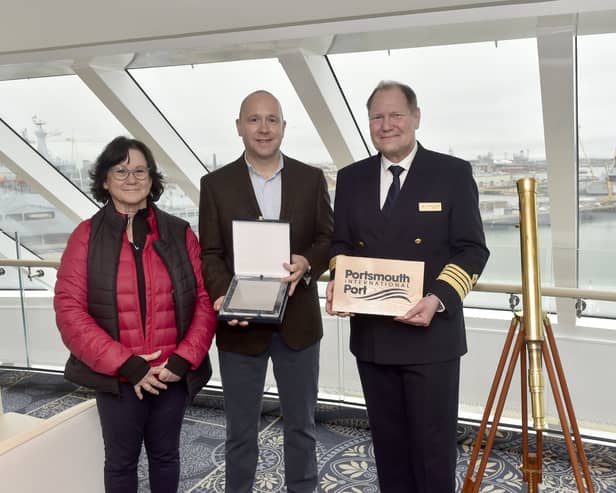 Viking Saturn cruise ship visited Portsmouth International Port on Thursday, April 11, 2024.Pictured is: (l-r) Vanessa Busfield (73) lead meet and greet ambassador at Shaping Portsmouth, Mike Sellers, port director at Portsmouth International Port, Anders Steen, master. Picture: Sarah Standing (110424-361)