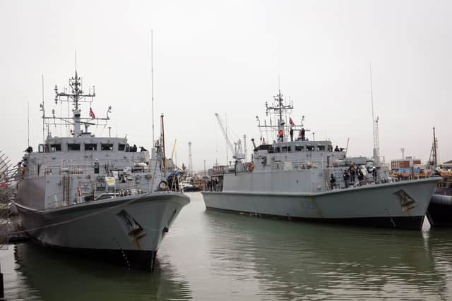 Handout photo issued by the Ministry of Defence (MoD) of Chernihiv alongside Cherkasy arriving at No 2 Basin His Majesty's Naval Base Portsmouth. The two former Royal Navy minehunter ships which have been handed over to the Ukrainian navy have arrived in Portsmouth as the crews undergo training to prepare them for future missions in the Black Sea. The two Sandown-class warships, HMS Grimsby and HMS Shoreham, were decommissioned from the Royal Navy to be transferred to the Ukrainian military where they now operate under the names Chernihiv and Cherkasy. 