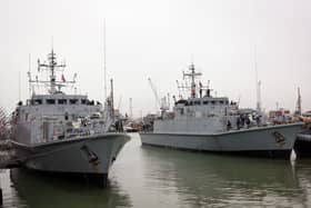 Ukraine ships Chernihiv alongside Cherkasy at HMNB Portsmouth in 2024. The two former Royal Navy minehunter ships were handed over to the Ukrainian navy for future missions in the Black Sea.