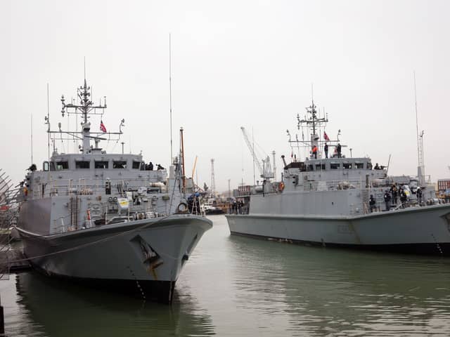 Handout photo issued by the Ministry of Defence (MoD) of Chernihiv alongside Cherkasy arriving at No 2 Basin His Majesty's Naval Base Portsmouth. The two former Royal Navy minehunter ships which have been handed over to the Ukrainian navy have arrived in Portsmouth as the crews undergo training to prepare them for future missions in the Black Sea. The two Sandown-class warships, HMS Grimsby and HMS Shoreham, were decommissioned from the Royal Navy to be transferred to the Ukrainian military where they now operate under the names Chernihiv and Cherkasy. 