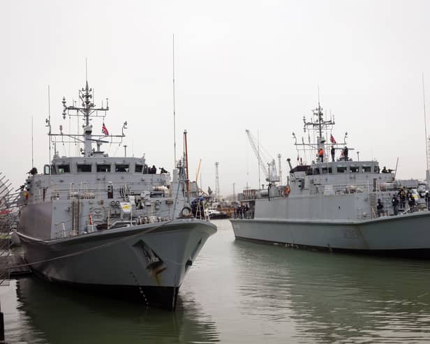 Handout photo issued by the Ministry of Defence (MoD) of Chernihiv alongside Cherkasy arriving at No 2 Basin His Majesty's Naval Base Portsmouth. The two former Royal Navy minehunter ships which have been handed over to the Ukrainian navy have arrived in Portsmouth as the crews undergo training to prepare them for future missions in the Black Sea. The two Sandown-class warships, HMS Grimsby and HMS Shoreham, were decommissioned from the Royal Navy to be transferred to the Ukrainian military where they now operate under the names Chernihiv and Cherkasy. 